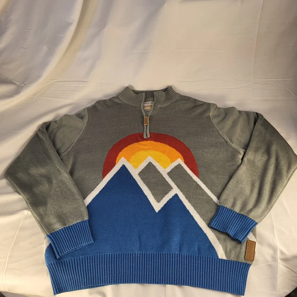 Tipsy Elves Mens XL Quarter Zip Sweater Blue Mountain Sunrise